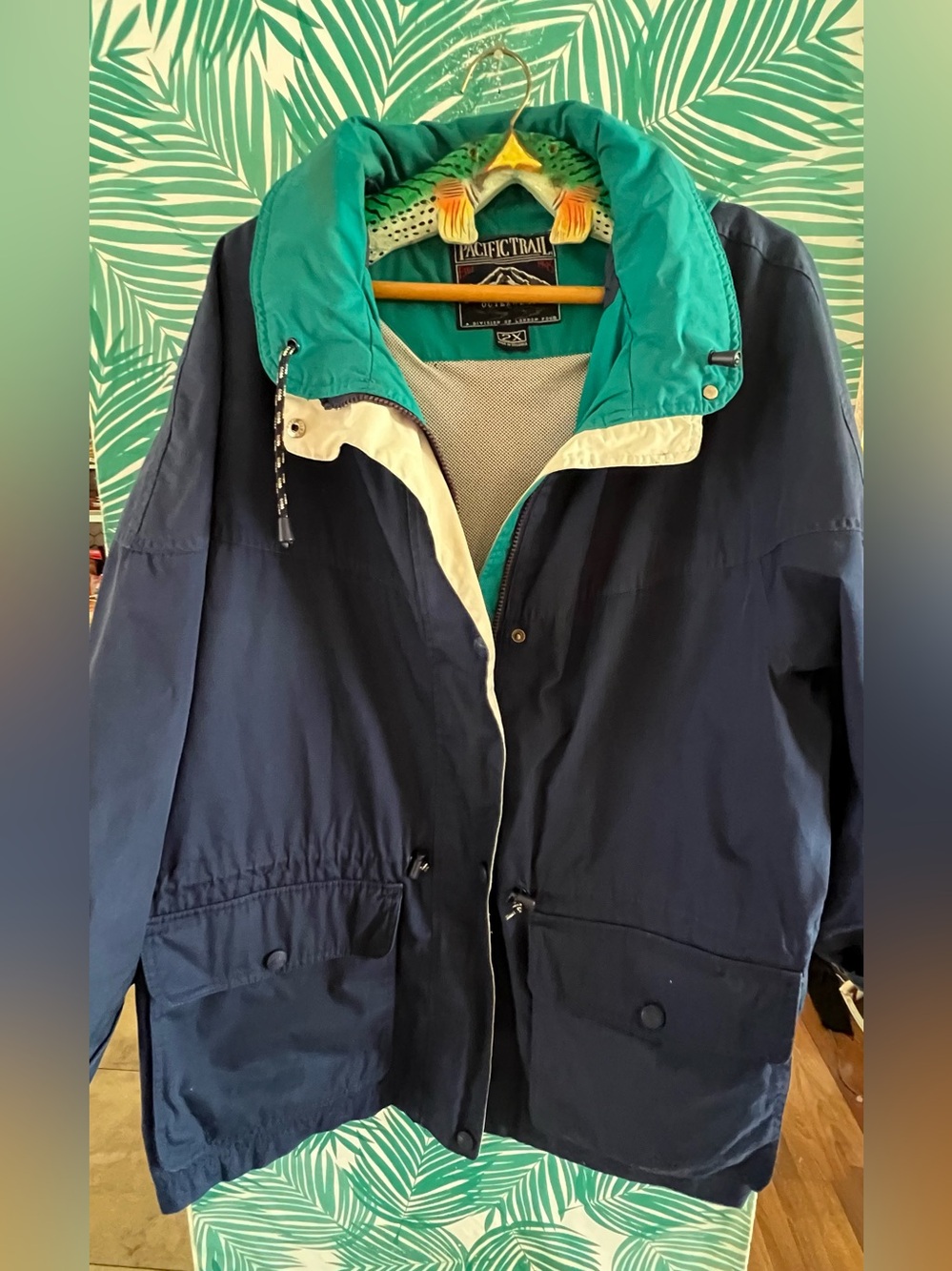 Vintage 90’s Pacific Trail Navy Windbreaker Jacket w/Teal Hood Sz 2X